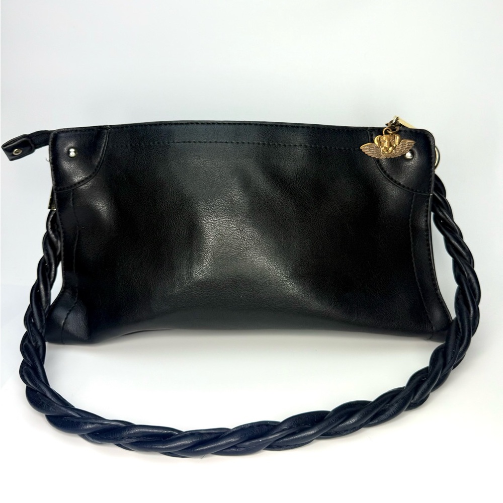 Black Faux Leather Relic Shoulder Bag Twist Rope Strap Gold Charm Accents 12x7